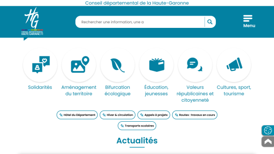 Website header with navigation icons for various topics and a search bar.