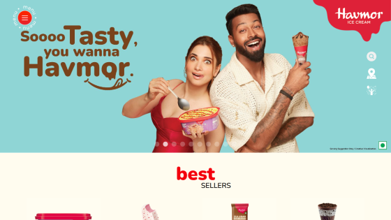 Havmor Ice Cream homepage with slogan, two people enjoying ice cream, and best sellers section