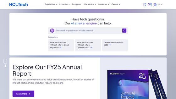HCLTech homepage featuring FY25 Annual Report with navigation and AI assistance section.
