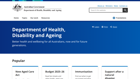 Department of Health, Disability and Ageing website with key information and popular links.