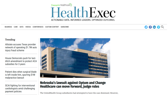 HealthExec website showing news headline about Nebraska lawsuit against Optum and Change Healthcare with trending healthcare news links.