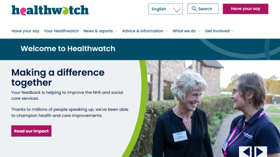 Healthwatch homepage welcomes visitors with message on improving NHS and social care, featuring two smiling women outdoors
