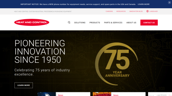 Heat and Control website celebrating 75 years of industry excellence with navigation and anniversary highlight