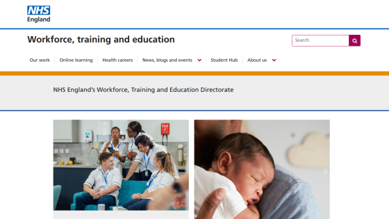 NHS England's Workforce, Training and Education page with images of healthcare professionals and a baby.