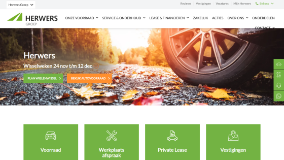 Herwers Groep website with autumn road tire change promotion and navigation menu in Dutch