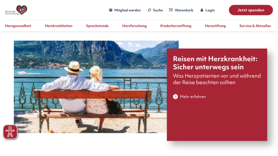 Website promoting safe travel for heart patients, featuring a scenic image and key information.