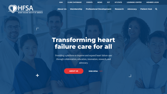 Heart Failure Society of America homepage with headline transforming heart failure care and navigation menu