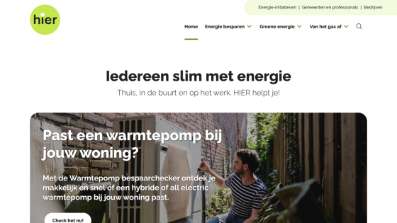 Website promoting smart energy use with a heat pump suitability checker for homes, featuring a man inspecting a heat pump outdoors.