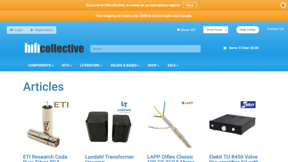Hificollective homepage with navigation, search bar, login options, and featured articles on audio components