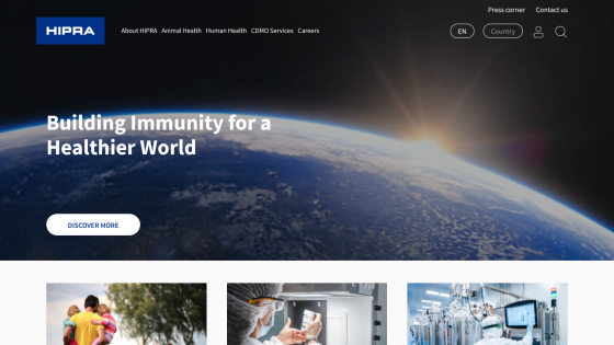 HIPRA website with navigation and hero section showing Earth from space and text 'Building Immunity for a Healthier World'