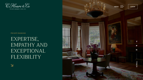 Private banking homepage with headline Expertise, Empathy and Exceptional Flexibility and a cozy, elegant room interior