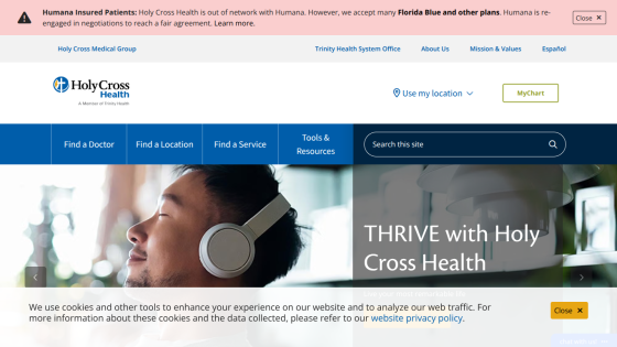 Holy Cross Health homepage with navigation links and hero section titled 'THRIVE with Holy Cross Health'