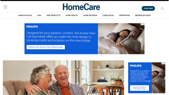 HomeCare website with navigation menu and hero section featuring Philips Amara View Full Face Mask ad and smiling elderly couple