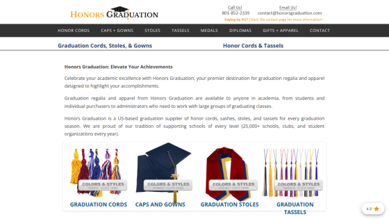 Honors Graduation website offering graduation cords, caps and gowns, stoles, and tassels with contact info and product categories