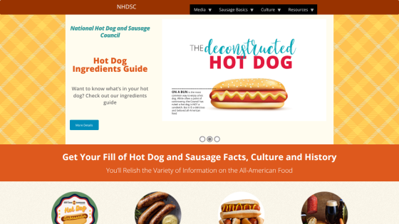 National Hot Dog and Sausage Council homepage with Hot Dog Ingredients Guide and deconstructed hot dog image