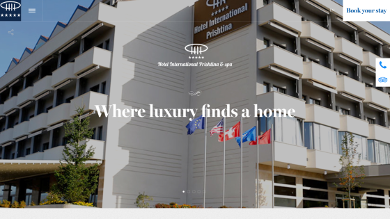 Hotel International Prishtina homepage with tagline 'Where luxury finds a home' and booking option