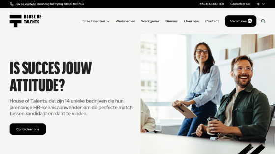 House of Talents homepage with headline about success attitude and HR expertise, plus contact button and smiling professionals