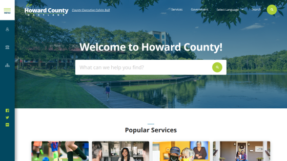 Homepage of Howard County with a search bar and popular services section.
