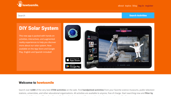 Homepage promoting DIY Solar System app with hands-on STEM activities and search bar for science activities