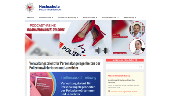 Hochschule Polizei Brandenburg website featuring podcast series Oranienburger Dialoge and job posting for police trainee administration talent