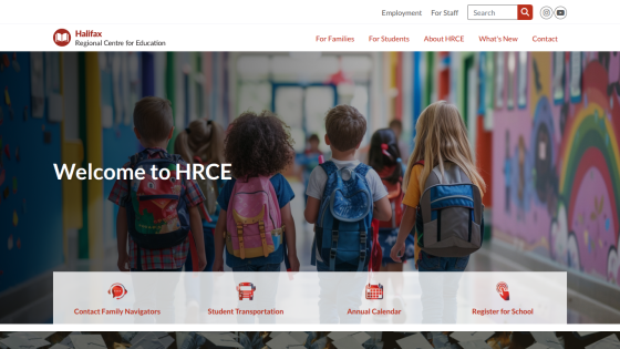 Halifax Regional Centre for Education homepage with welcome message and navigation links for families, students, and school registration