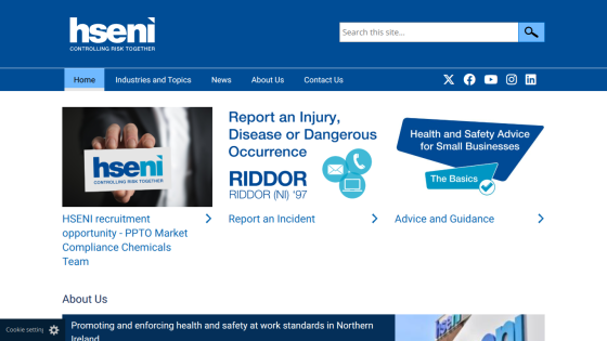 HSENI homepage with navigation, search bar, injury reporting info, and health and safety advice for small businesses