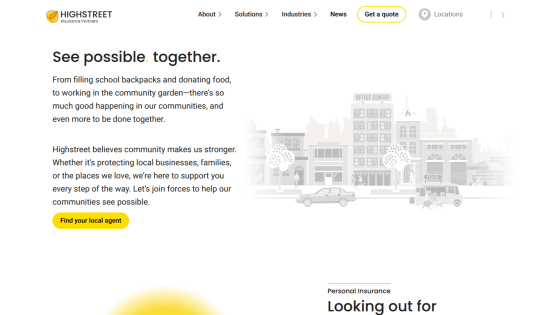 Highstreet Insurance Partners homepage with community-focused message and call to action to find a local agent