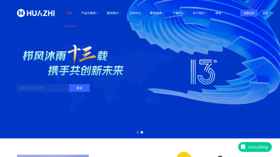 Technology company homepage with blue-themed hero section celebrating 13 years and a call to action button