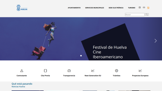 Huelva city website with navigation menu, search bar, and banner for Festival de Huelva Cine Iberoamericano