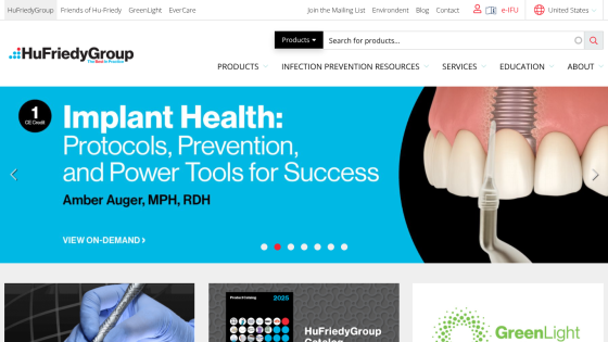 HuFriedyGroup website with navigation, search, and hero banner about implant health protocols by Amber Auger.