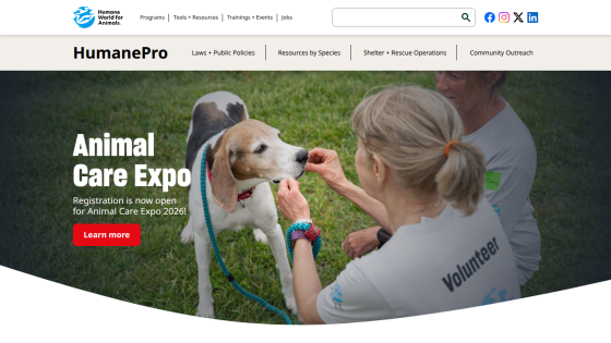 HumanePro website promoting Animal Care Expo 2026 registration with volunteer interaction and navigation links