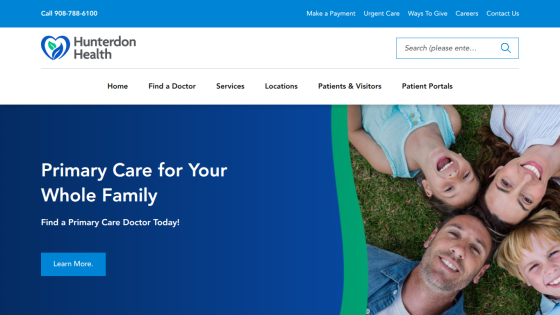 Hunterdon Health homepage offering primary care for families with navigation links and a call to find a doctor