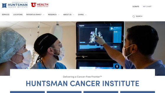 Huntsman Cancer Institute homepage with navigation menu and hero image of medical professionals examining a lung scan.