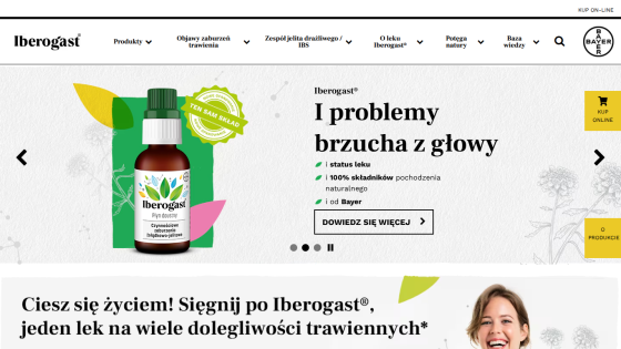 Iberogast product page with navigation menu and hero section promoting natural digestive remedy by Bayer