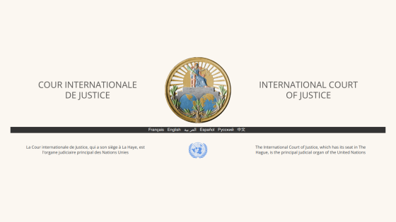 Header of the International Court of Justice with logo and text in French and English.