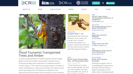 Website featuring an article on flood tsunamis transporting trees and amber.