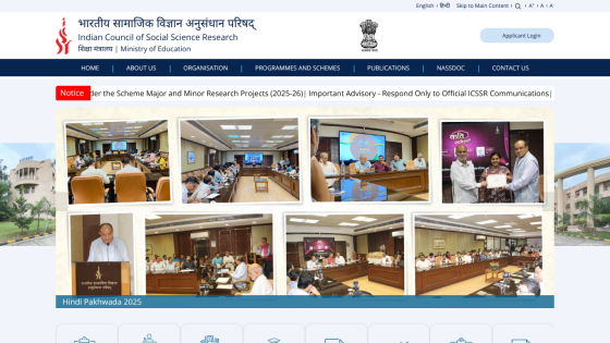 Indian Council of Social Science Research homepage with navigation and images from Hindi Pakhwada 2025 event