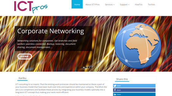 ICT-Pros website homepage featuring corporate networking solutions with navigation menu and a globe graphic