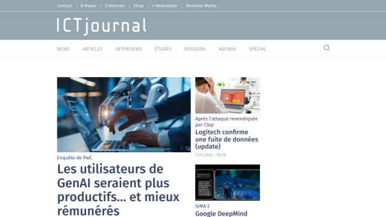 ICTjournal homepage with news articles on GenAI productivity, Logitech data leak, and Google DeepMind