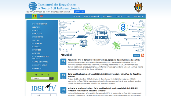 Institutul de Dezvoltare a Societății Informaționale homepage with navigation menu and recent news about OpenAIRE and scientific journal visibility