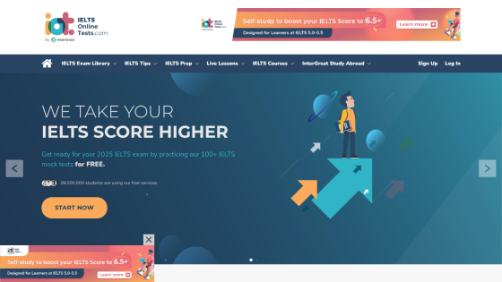Homepage promoting IELTS preparation with a call to action to start now.