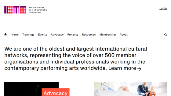 International cultural network for contemporary performing arts with over 500 members, featuring news, trainings, events, and advocacy