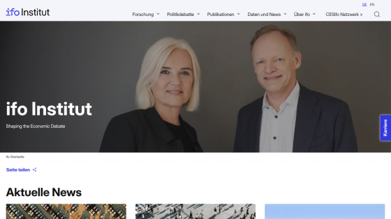 ifo Institut homepage featuring two professionals and news section.