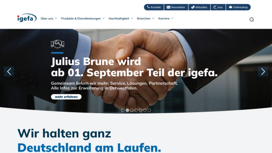igefa website header with navigation and hero section announcing Julius Brune joining igefa from September 1