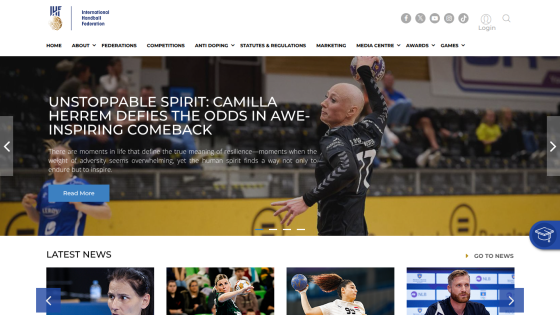 Homepage featuring Camilla Herrem's inspiring comeback story and latest news section.