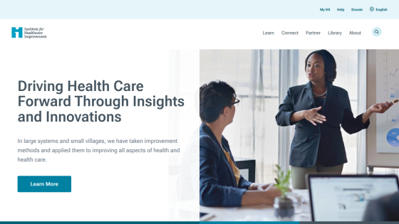 Homepage featuring a professional discussing health care innovations with a team.