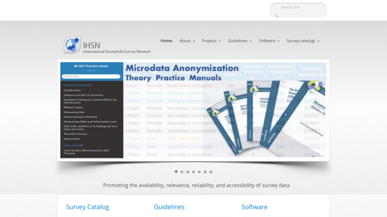 International Household Survey Network homepage with navigation and a featured guide on Microdata Anonymization Theory Practice Manuals