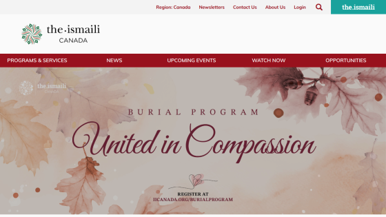 The Ismaili Canada website hero section promoting the Burial Program with 'United in Compassion' and registration link