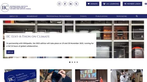 Homepage of International Institute for Conservation with announcement of 2025 Wikipedia climate edit-a-thon and navigation menu.