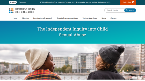 Website header and navigation for Independent Inquiry into Child Sexual Abuse with hero text and image of two people outdoors